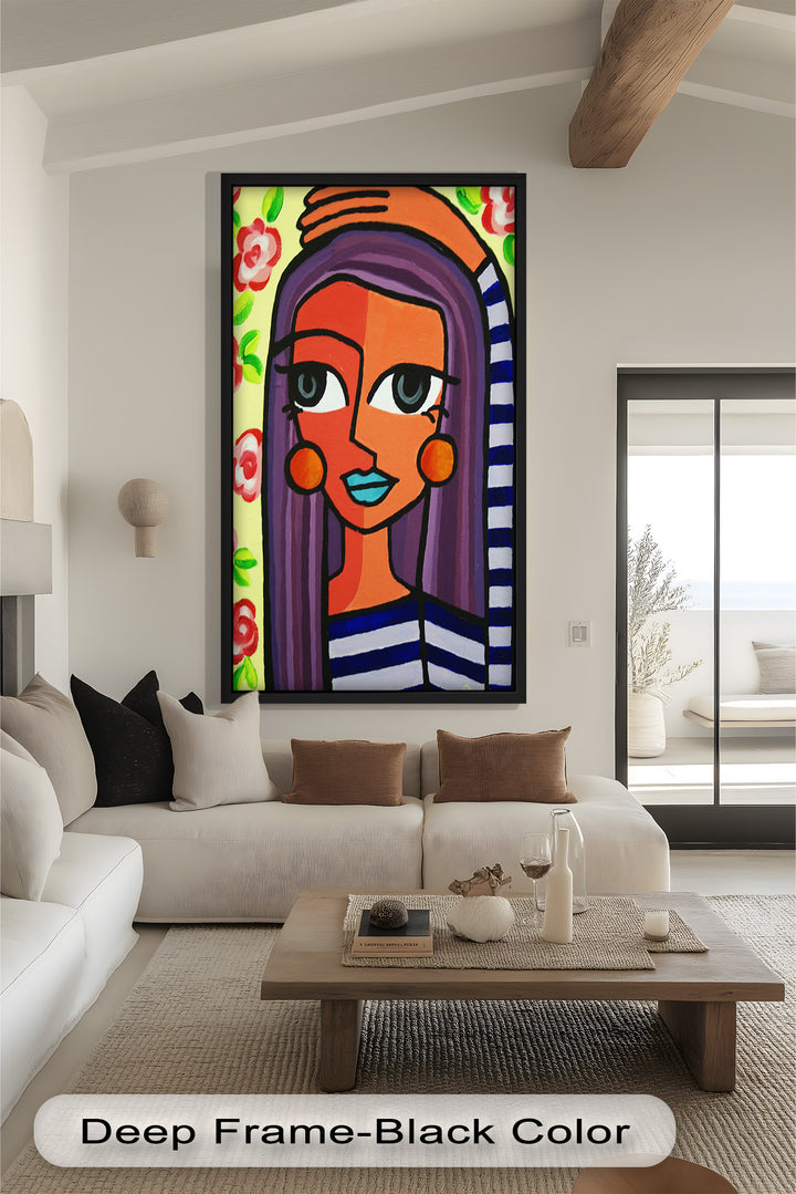Striped Muse – Vibrant Woman with Flowers Picasso Oil Painting