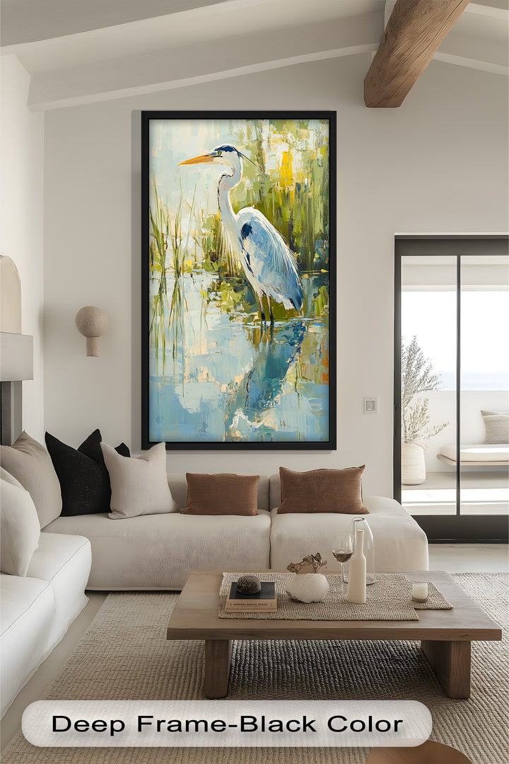 Heron Amid Textured Reflections - Animal Oil Painting
