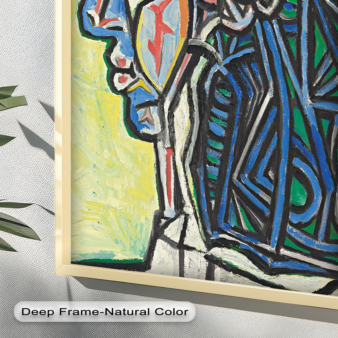 Angular Gaze – Geometric Portrait with Blue and Green Lines Picasso Oil Painting