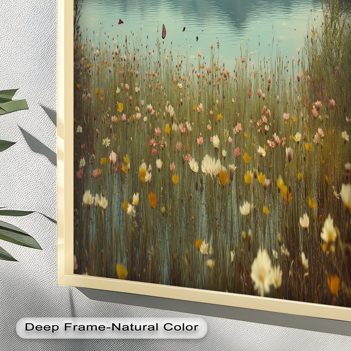 Butterfly Bloom by the Lake – Framed Oil Painting