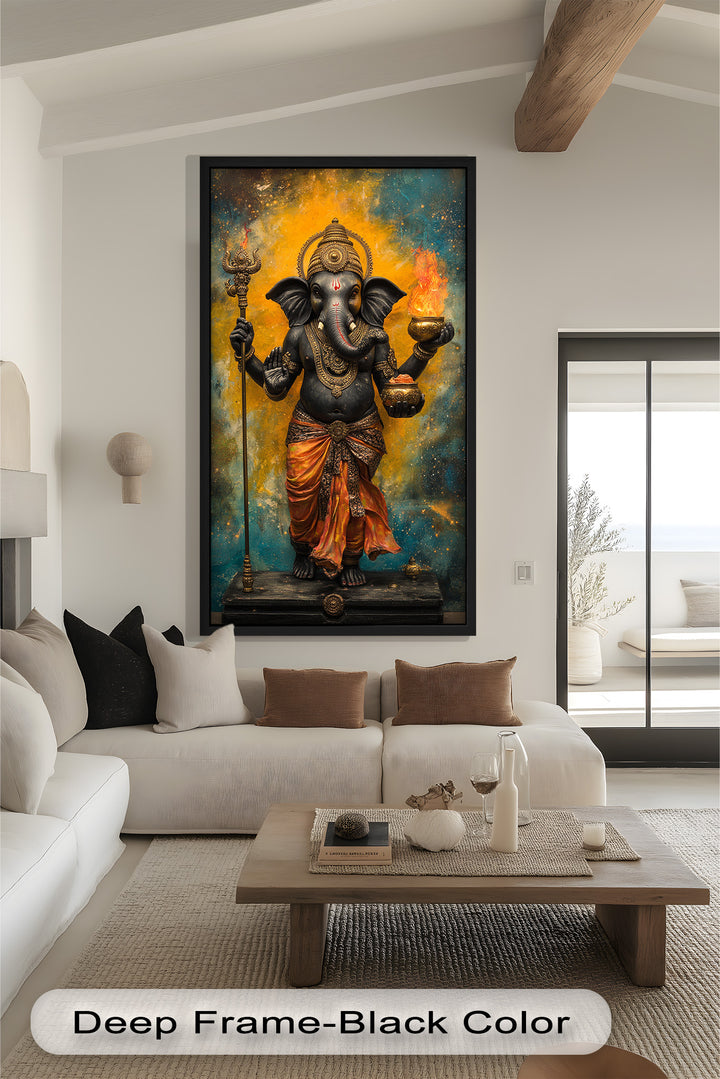 A majestic depiction of Lord Ganesha holding fire and a staff, dressed in ornate garments with a glowing golden background.