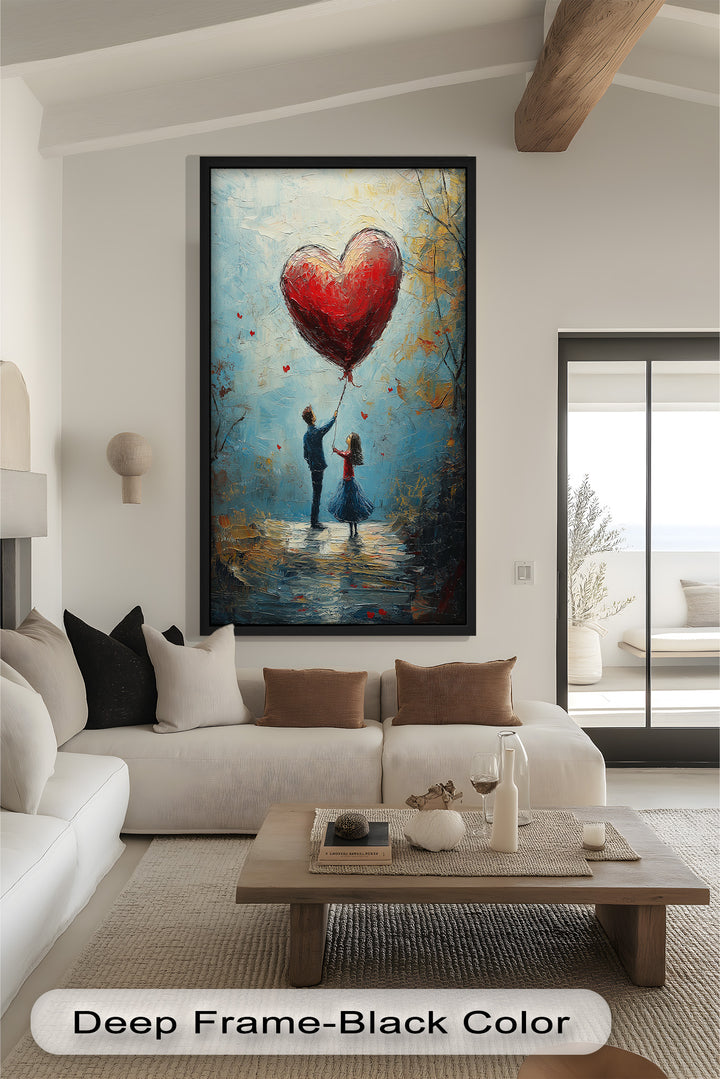 Heart Balloon Dreams – Whimsical Couple Love Oil Painting