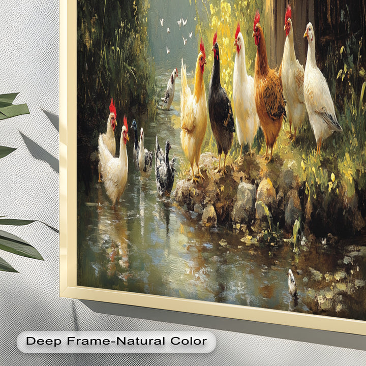 Country Farmyard Chickens by the Stream – Animal Oil Painting