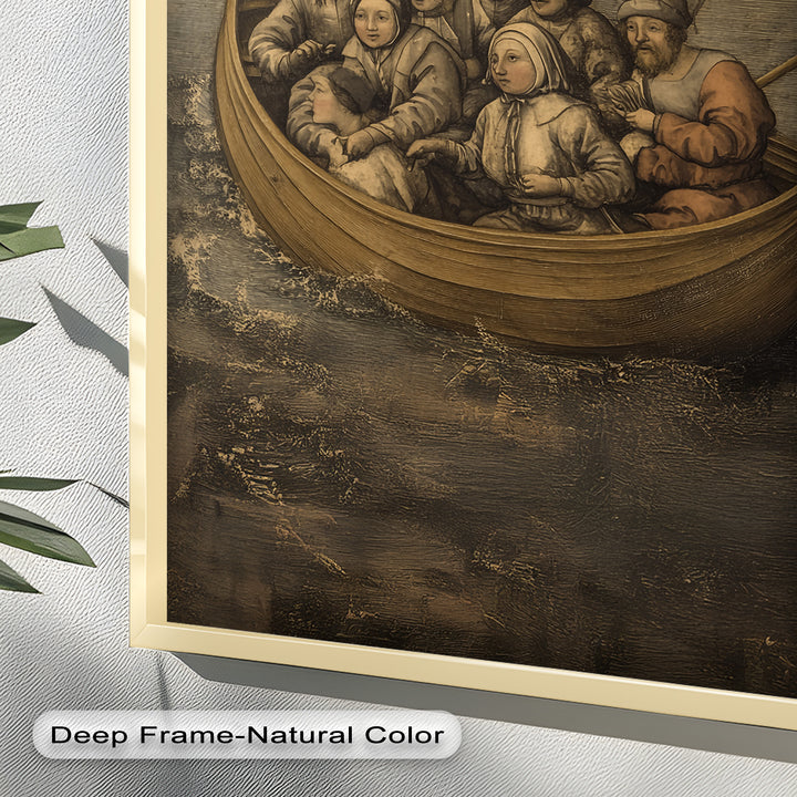 Medieval Sailors in Wooden Vessel - Historic Oil Painting