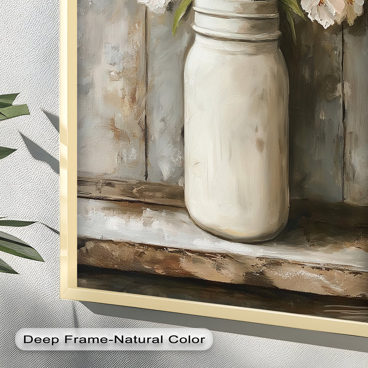 Blush & Cream Blooms – Rustic Mason Jar Flower Oil Painting