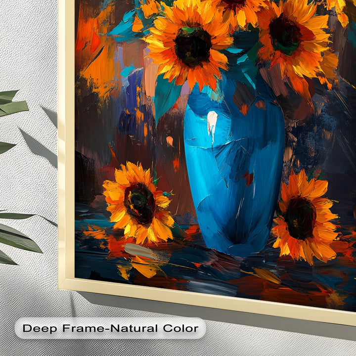 Sunlit Joy – Bold Sunflowers in Blue Vase Oil Painting