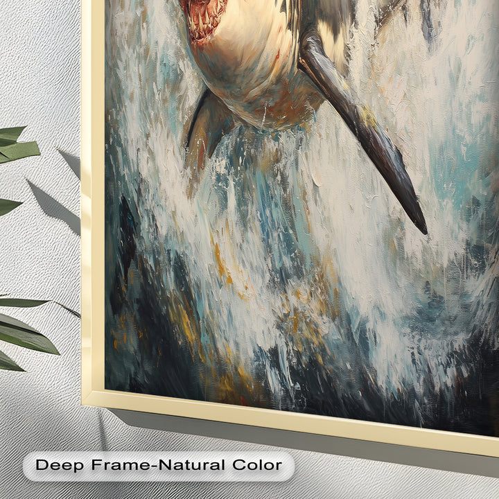 Ferocious Great White Shark Leaping Through Waves - Animal Oil Painting