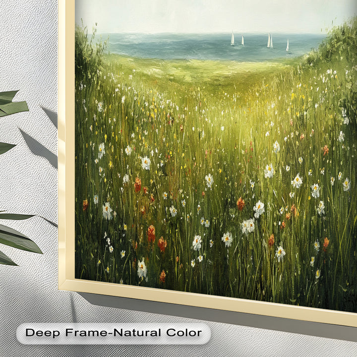 Wildflower Meadow Sea View Wall Art–Coastal Oil Painting
