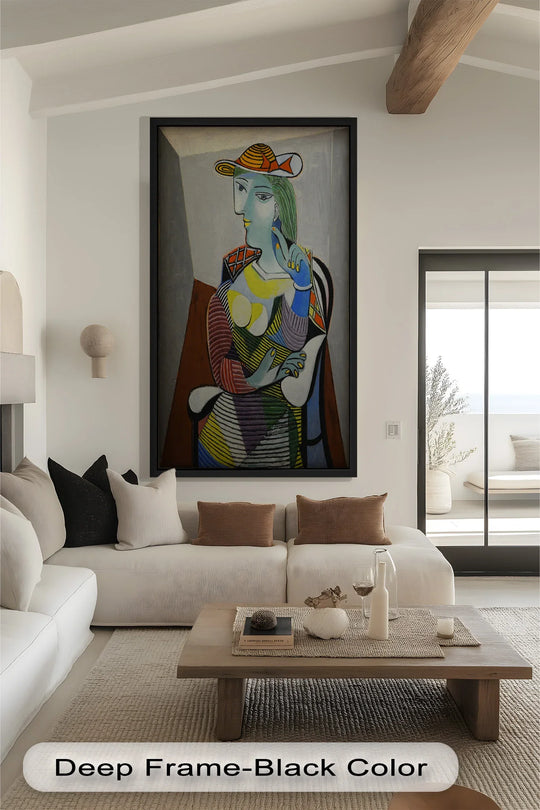 Featuring the abstract quality of this 'Striped Thoughts' oil painting wall art, the artwork showcases a colorful, cubist-style woman in a hat, rich in modernist appeal.
