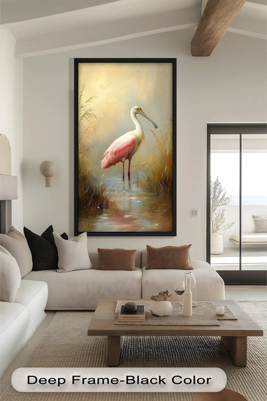 Softly blurred, the oil painting art piece features a golden, muted background that enhances the roseate spoonbill in soft light's serene presence.