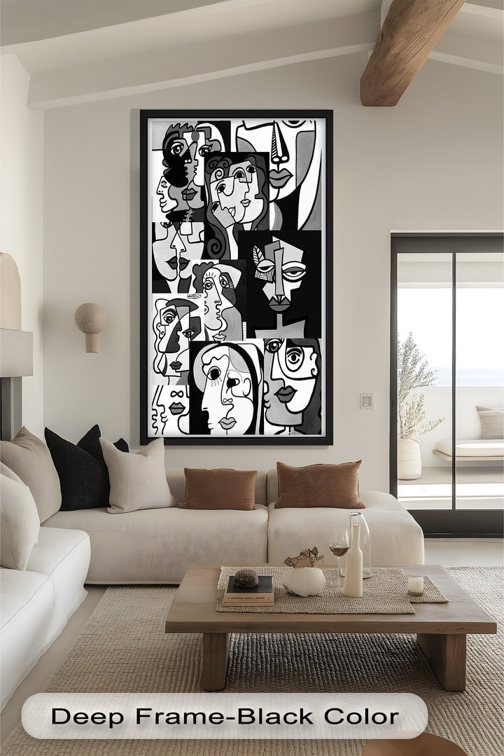Monochrome Whispers – Collage of Cubist Faces Abstract Oil Painting