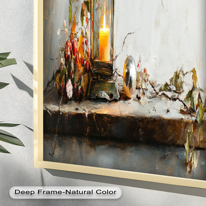 Bronze Candle Lantern Art – Winter Decor Oil Painting