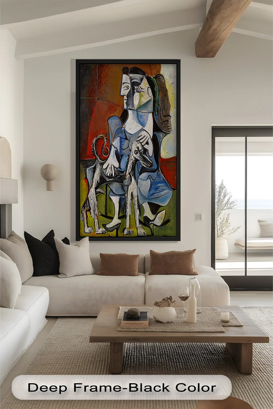 Dominating the room, a striking oil painting art piece, 'Guardian in Abstraction,' showcases a woman with dog rendered in a bold, cubist style with expressive colors.