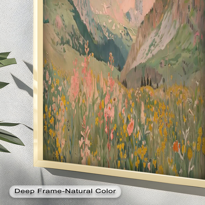 A dreamy framed artwork capturing the tranquility of a wildflower-covered valley surrounded by towering mountains with soft brushstrokes and earthy tones