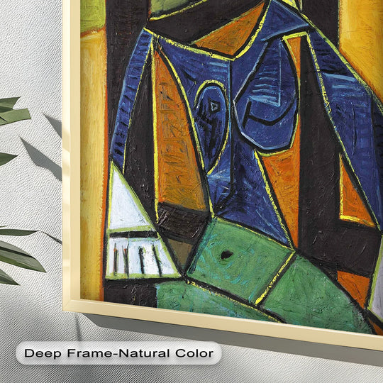 Vivid hues and bold geometric shapes define the loudest element of this Picasso-style cubist oil painting wall art, showing a seated woman in a spiral hat.