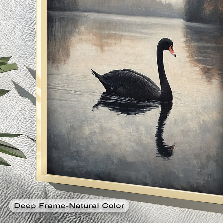 Black Swan at Dusk – Lake Scene Oil Painting