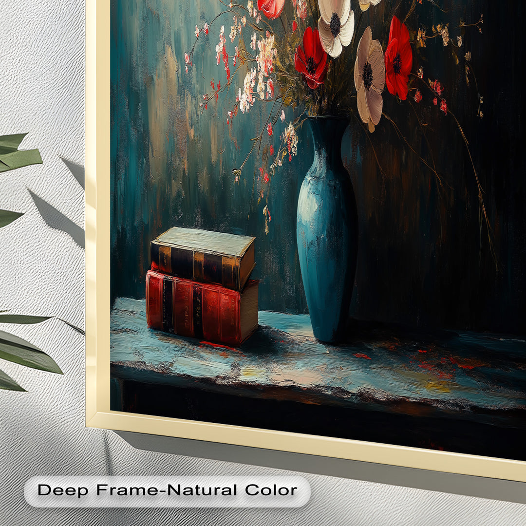 Vibrant Floral Vase with Books – Botanical Oil Paintings