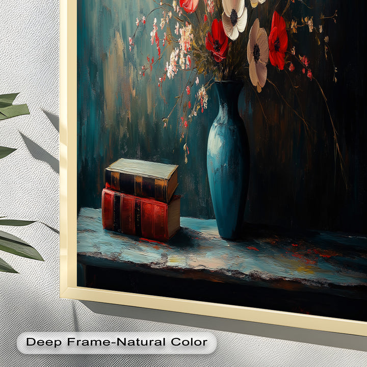 Vibrant Floral Vase with Books – Botanical Oil Paintings