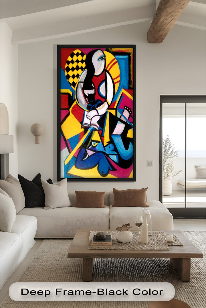 A bold cubist composition of a woman seated with a black cat, surrounded by abstract geometric shapes in vivid primary colors.