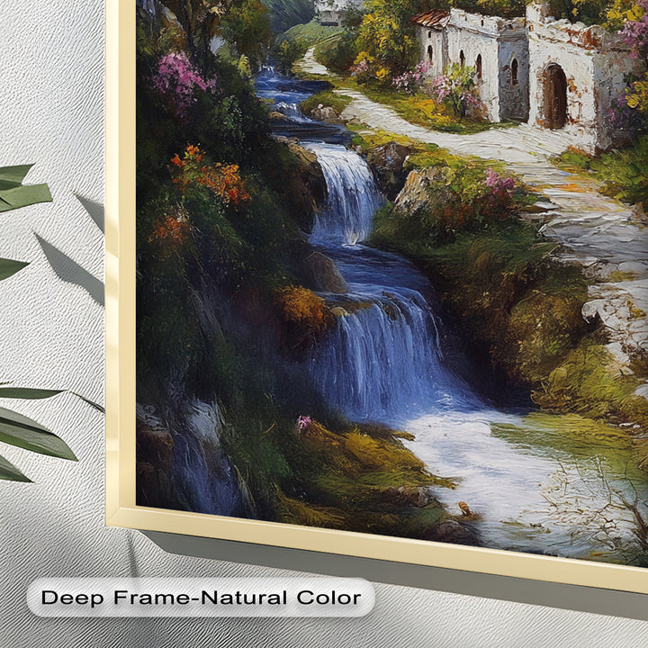 Mountain Abbey by the Falls – Serene Renaissance Oil Painting