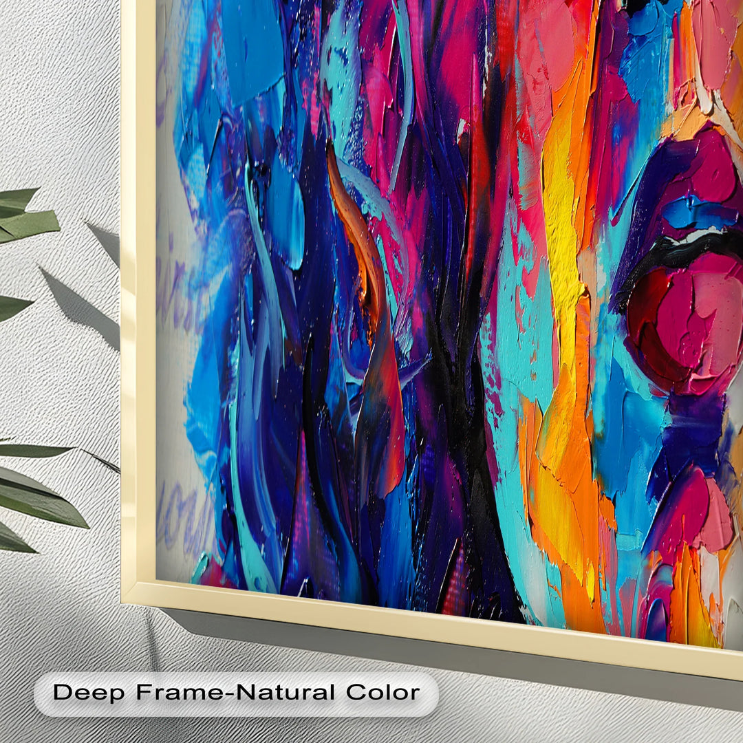A vibrant and energetic mixed-media wall art piece with a fusion of expressive color splashes, creating a surreal and thought-provoking portrait