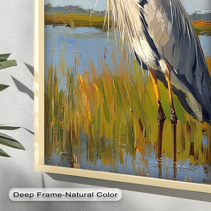Heron in Sunlit Wetlands – Modern Oil Painting