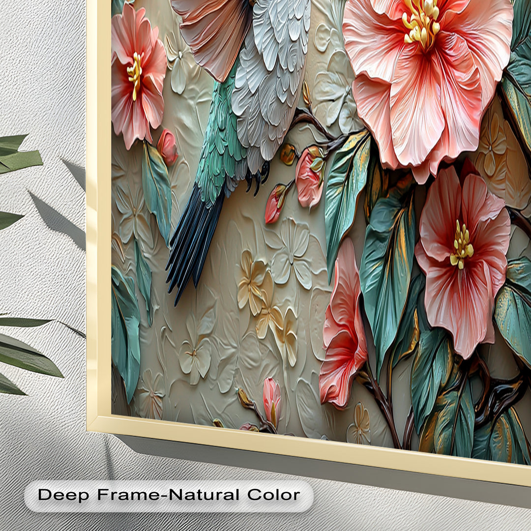 Spring Hummingbird with Pink Flowers – Framed Oil Painting