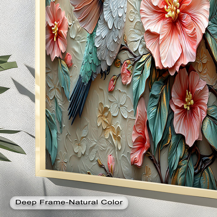 Spring Hummingbird with Pink Flowers – Framed Oil Painting