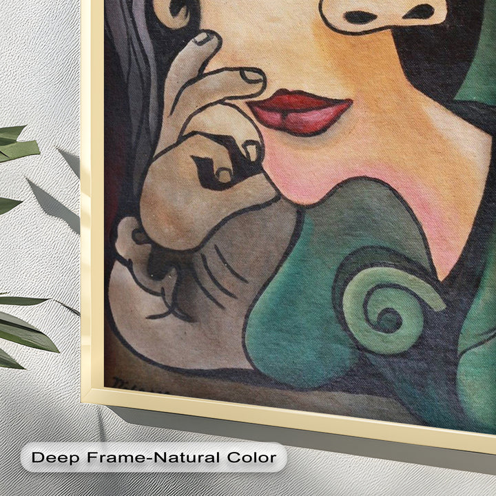 Whimsical Bloom – Surreale Frau mit gelber Blume Picasso Ölgemälde