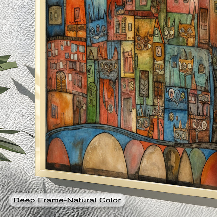 Whimsical Cat Cityscape – Surreal Architecture and Feline Picasso Oil Painting