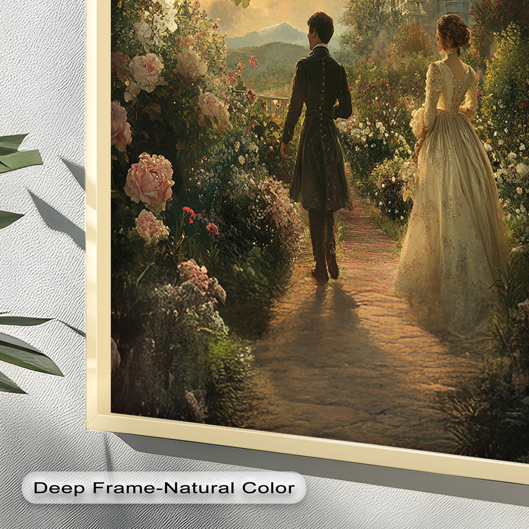 Victorian Lovers at Twilight – Romantic Garden Walk Oil Painting