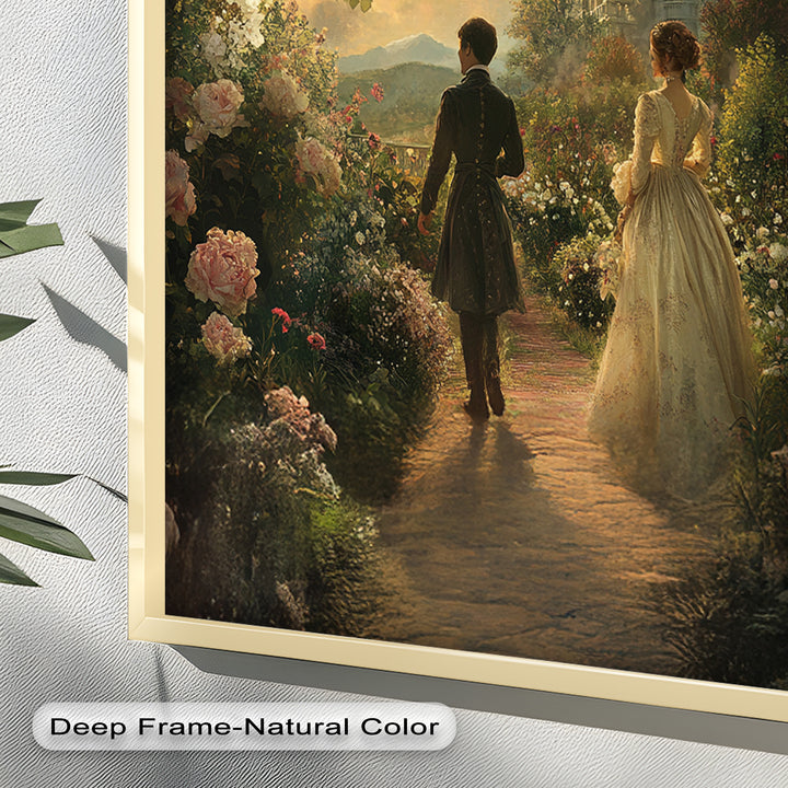 Victorian Lovers at Twilight – Romantic Garden Walk Oil Painting