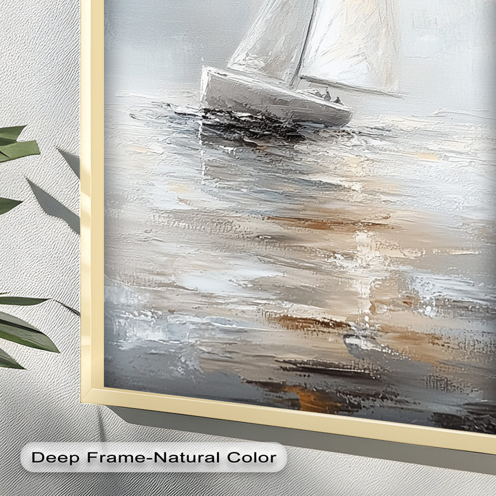 Sailing Through the Mist – White Boat Oil Painting