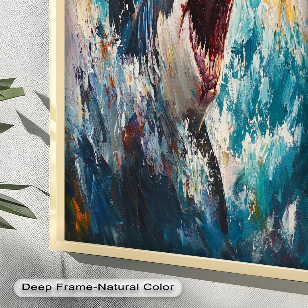 Ferocious Shark Emerging from Turbulent Waters – Animal Oil Painting