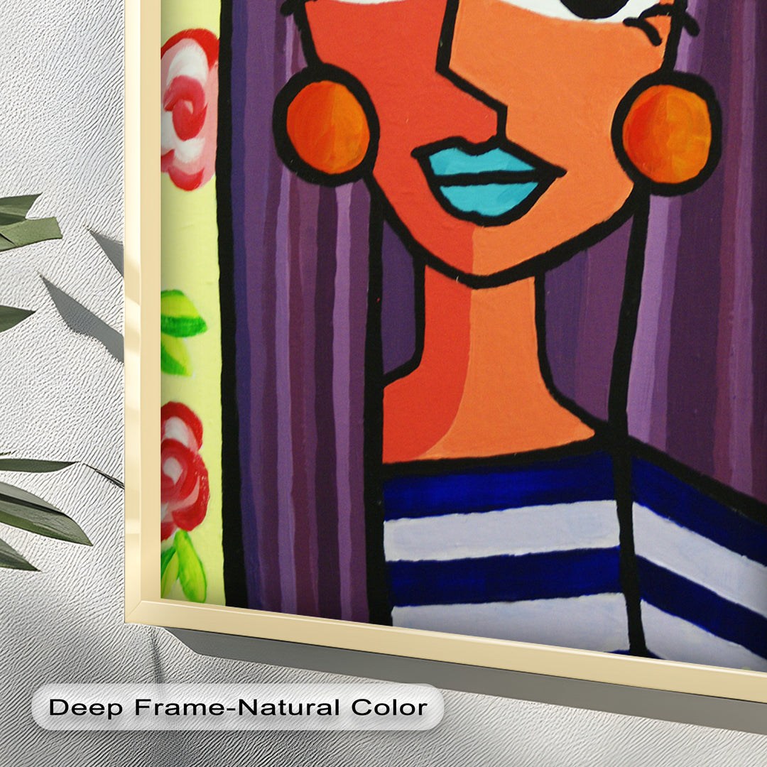 Striped Radiance – Playful Woman with Purple Hair Picasso Oil Painting
