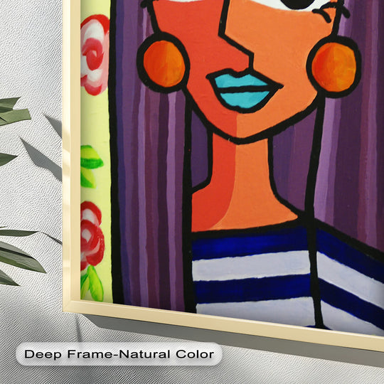 Whimsical mood emanates from this 'Striped Radiance' Picasso oil painting wall art, showcasing a playful woman with purple hair and vibrant, cheerful colors.