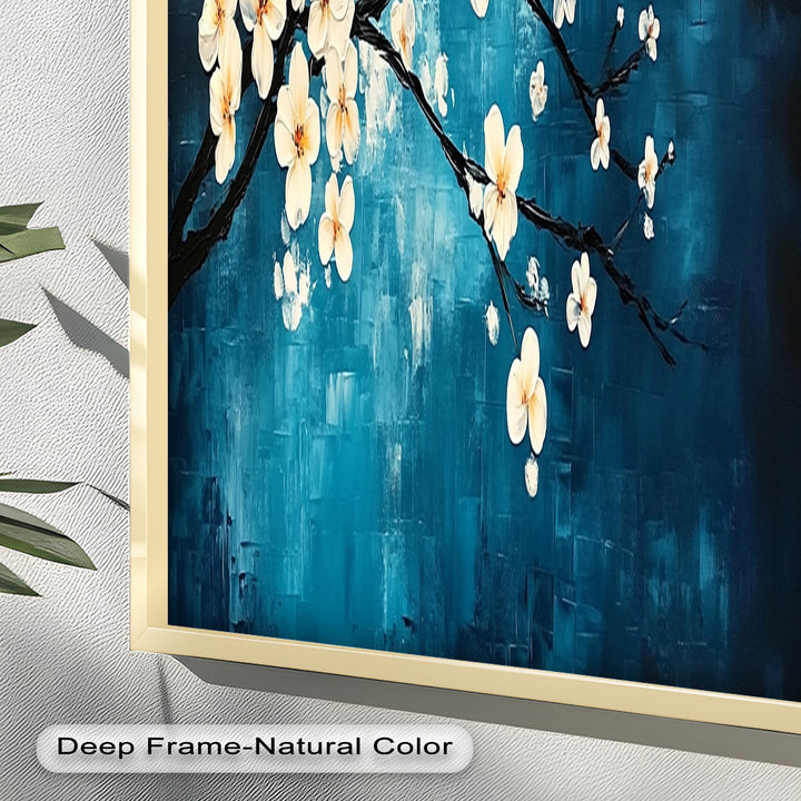 White Blossoms on Blue Wall Art – Floral Oil Painting