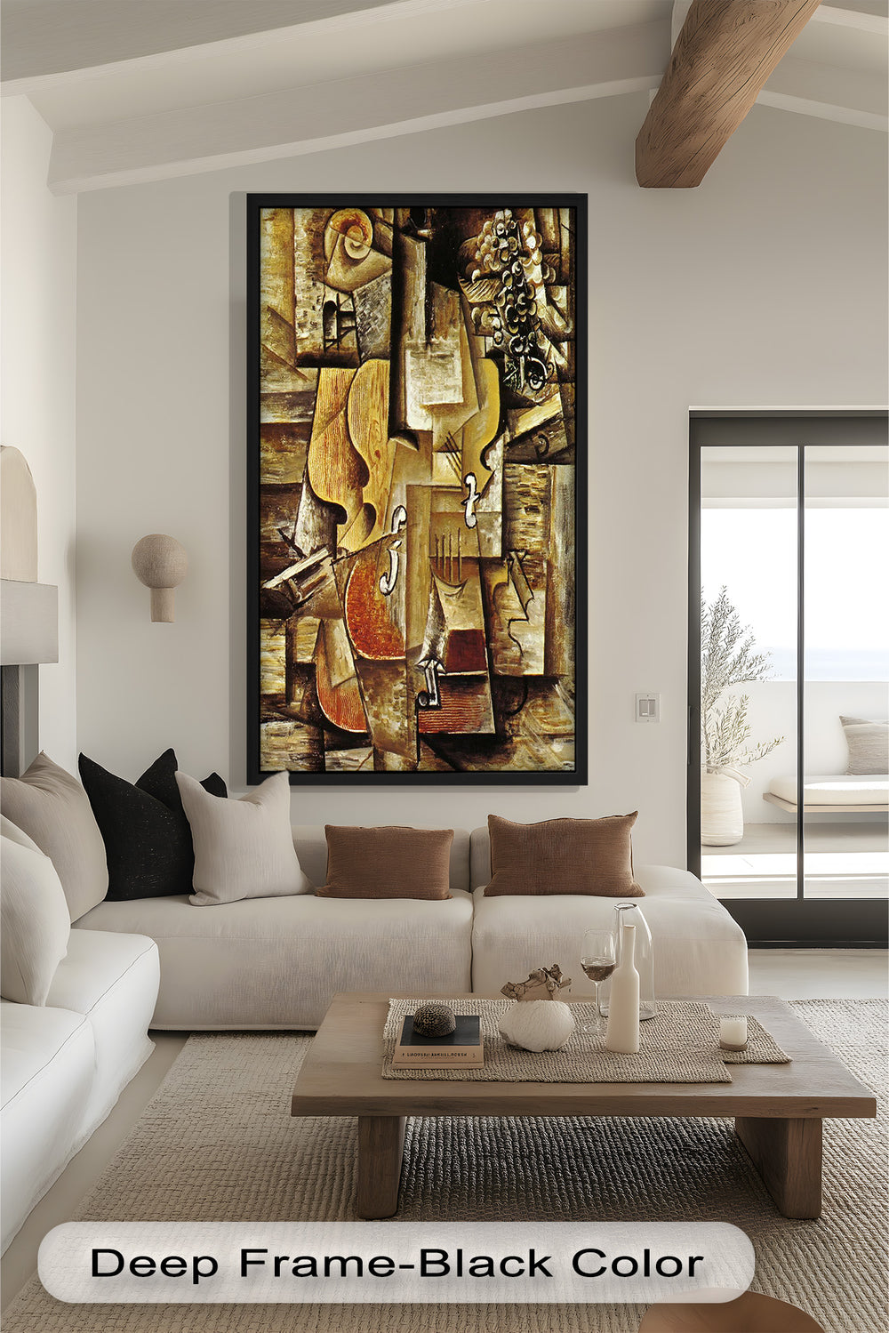 An abstract composition with a deconstructed string instrument, depicted through intersecting planes and earthy tones.