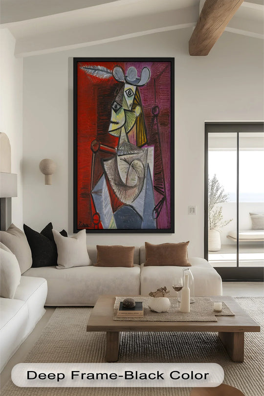 Finished with bold strokes and crimson tones, this abstract oil painting decoration depicts a woman with a feather hat.