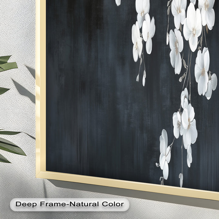 White Cherry Flowers on Midnight Blue - Flower Oil Painting
