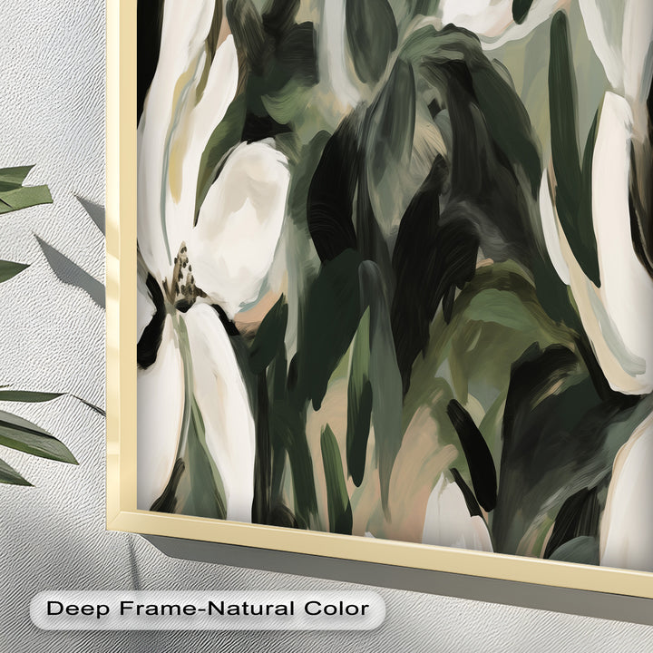 Cream Blooms in Forest Green - Flower Oil Painting