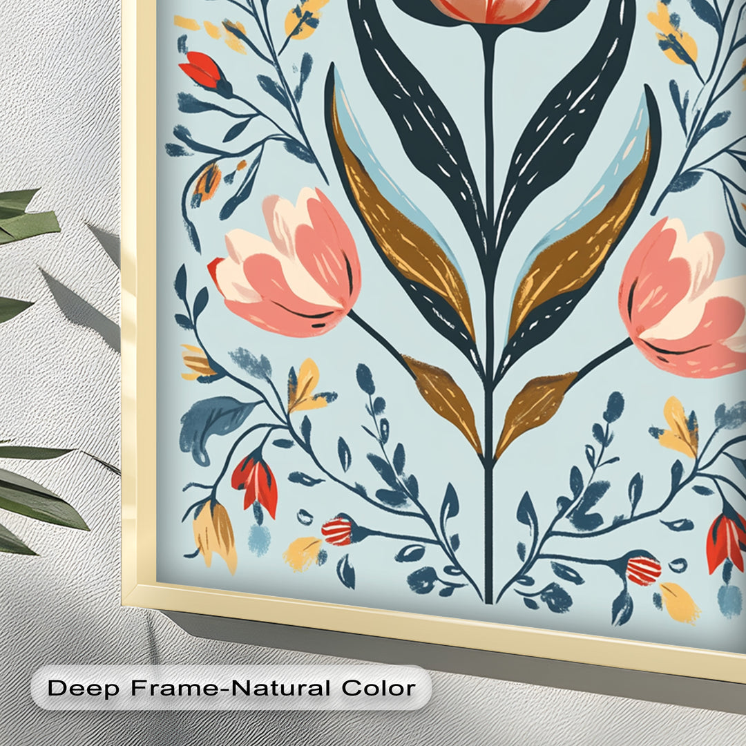 Folk-inspirierte Tulpenharmonie – Boho-Blumenölgemälde