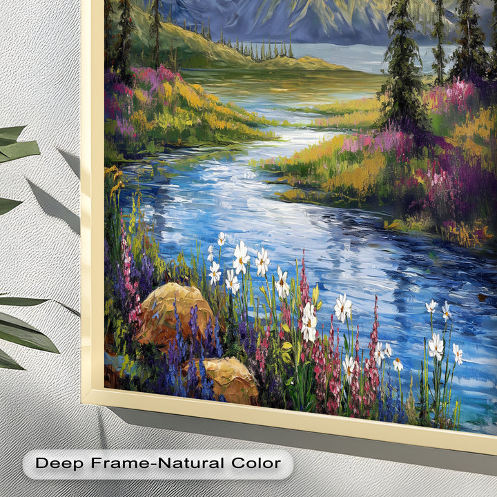 Vintage Mountains & River – Framed Oil Painting