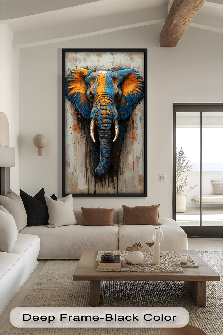Blue and Orange Elephant Portrait - Animal Oil Painting