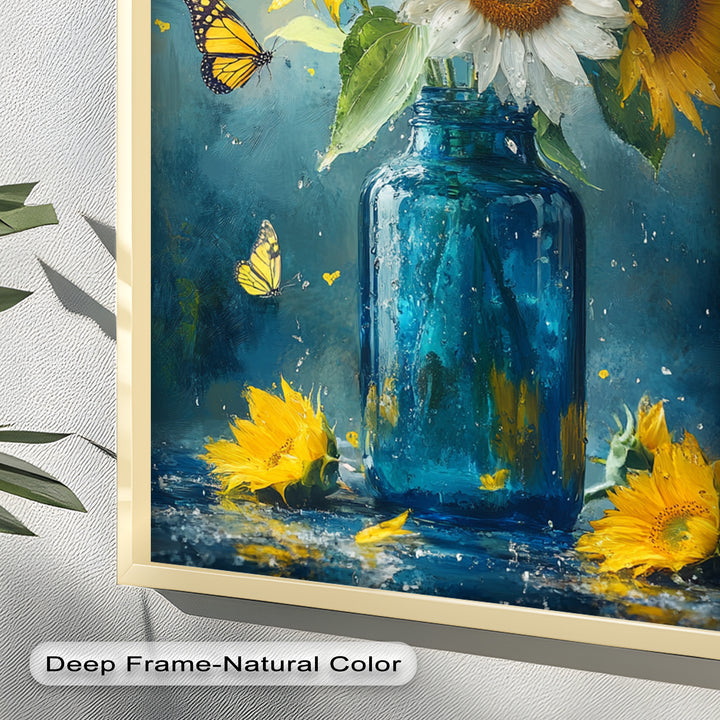 Sun-Kissed Radiance – Sunflowers in Blue Jar Flower Oil Painting
