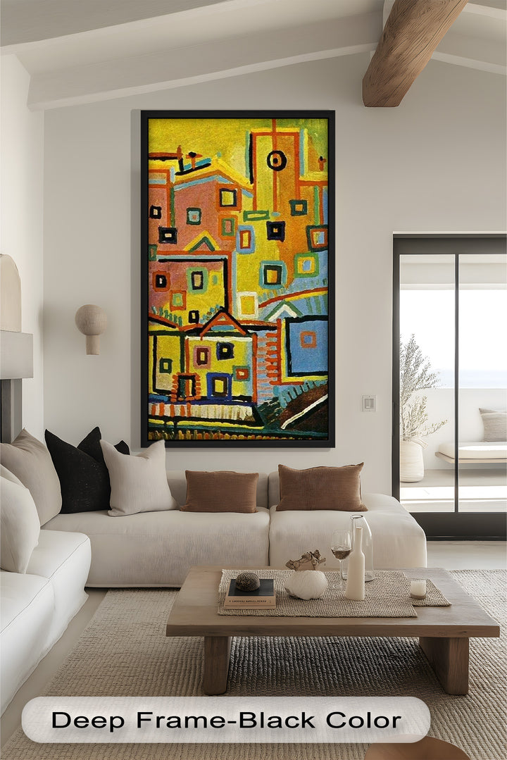 Farbenfrohe geometrische Stadtlandschaft als Wandkunst – kubistisches Ölgemälde