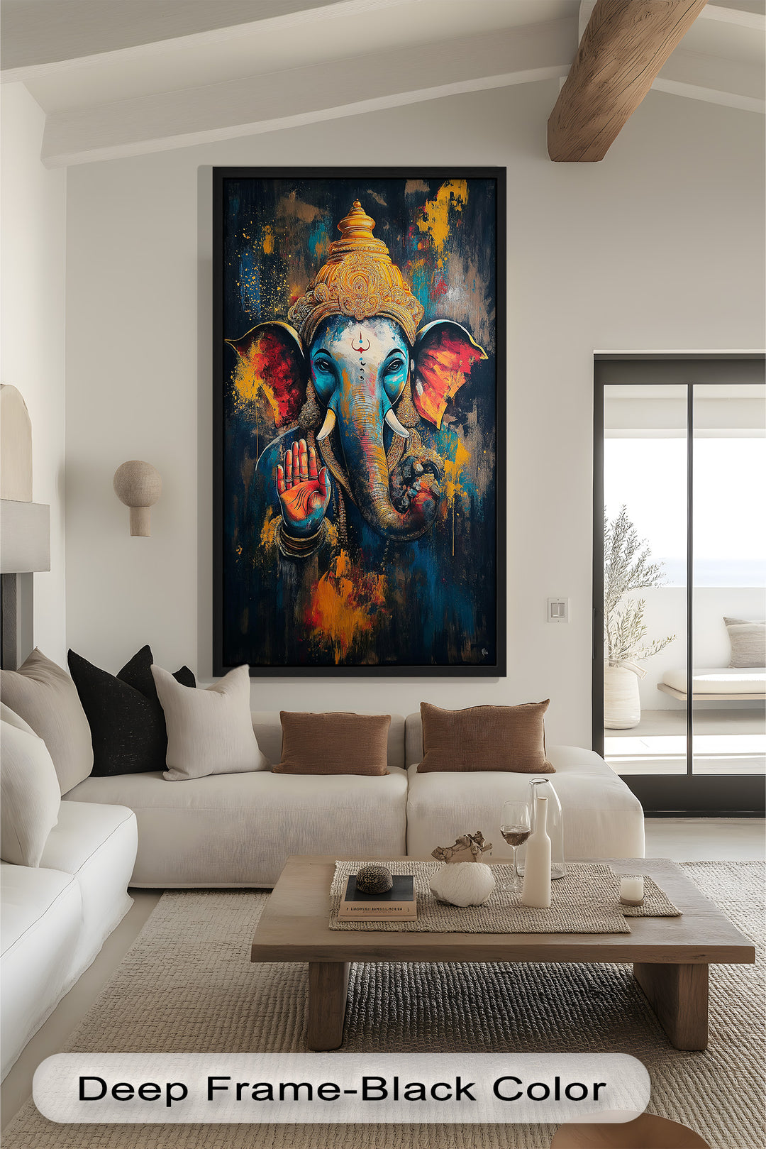 A powerful and colorful depiction of Lord Ganesha with a raised blessing hand, adorned in golden ornaments against a dynamic abstract background.