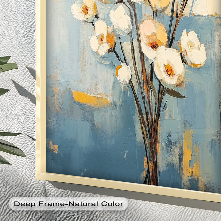 Golden Magnolia – White and Amber Blossoms Flower Oil Painting