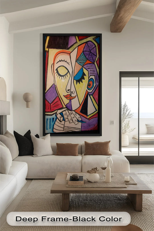 With its cool and warm hues, the bold Picasso-style abstract woman creates a dynamic color temperature in this vivid oil painting artwork.
