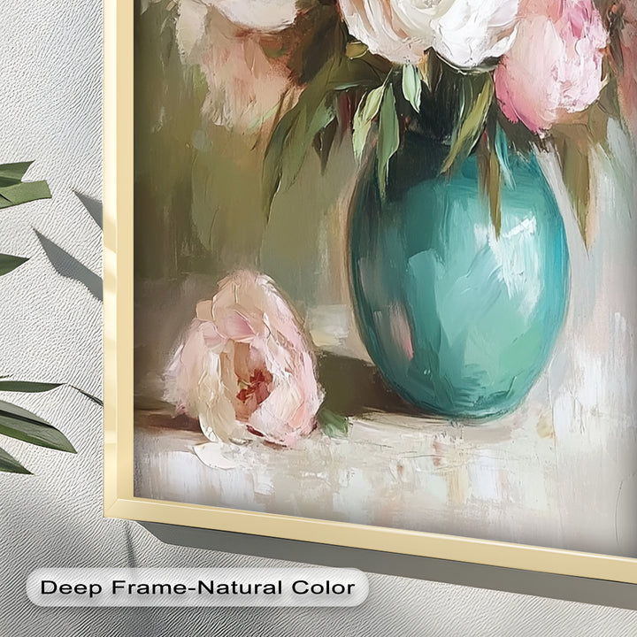 Blushing Peonies in Jade Vase – Romantic Flower Oil Painting